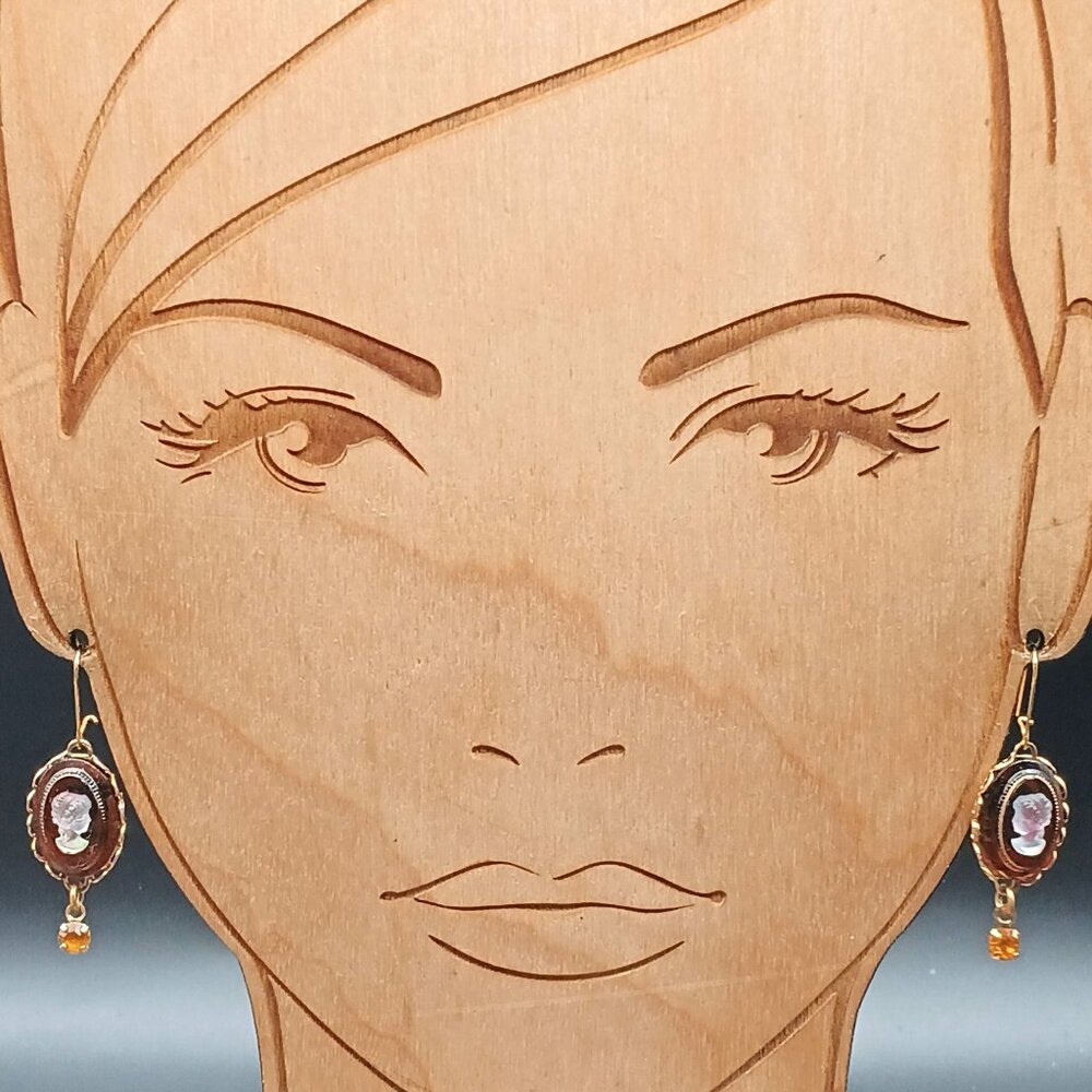 Vintage Gold Tone and Topaz Crystal Cameo Drop Earrings with Portrait Design